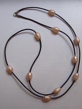 New - Versatile Black Leather Necklace or Bracelet Blush Pink Freshwater Pearls